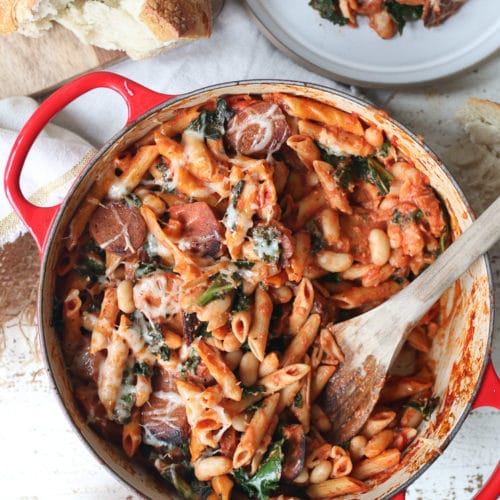 Easy Vegan Pasta Bake with Sausage, White Beans & Kale (Gluten Free)